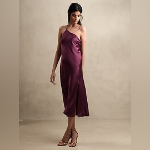 NWT Banana Republic Dark Cherry Divine Silk One Shoulder Dress Large - Picture 2 of 10